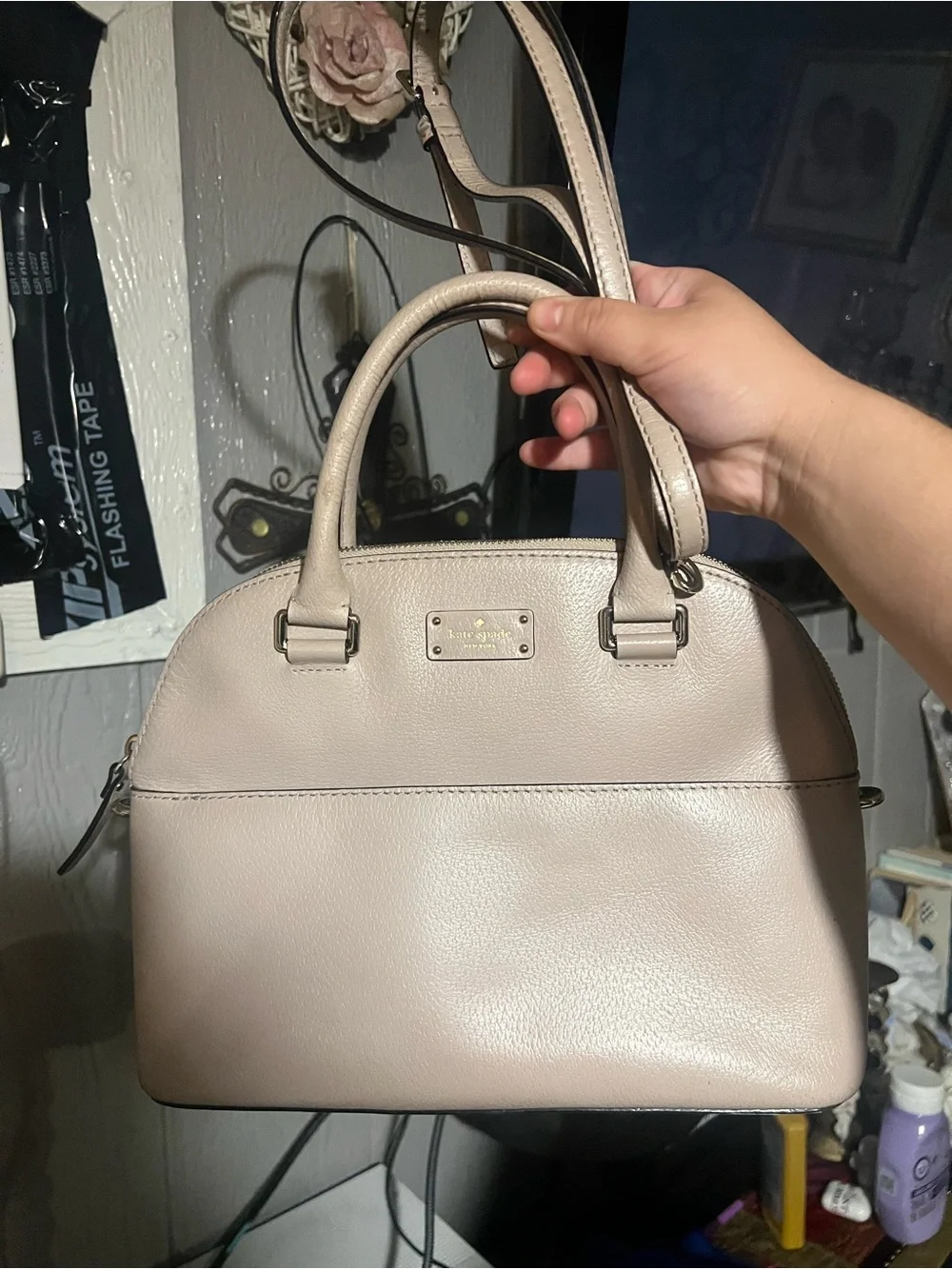 kate spade Pebbled Leather Dome Satchel in Light Beige
